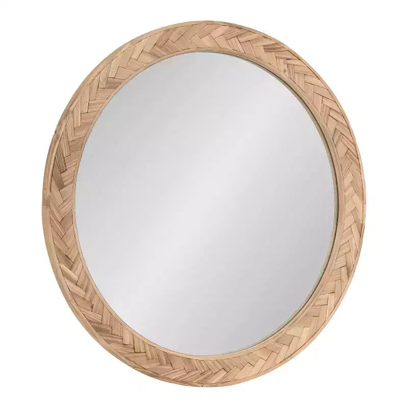 Specchio da parete rotondo da 24" con cornice in legno massello Chevron – Marrone