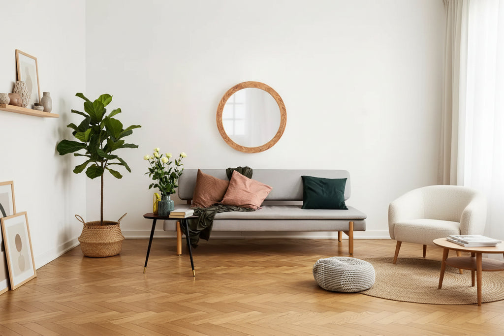 Specchio da parete rotondo da 24" con cornice in legno massello Chevron – Marrone