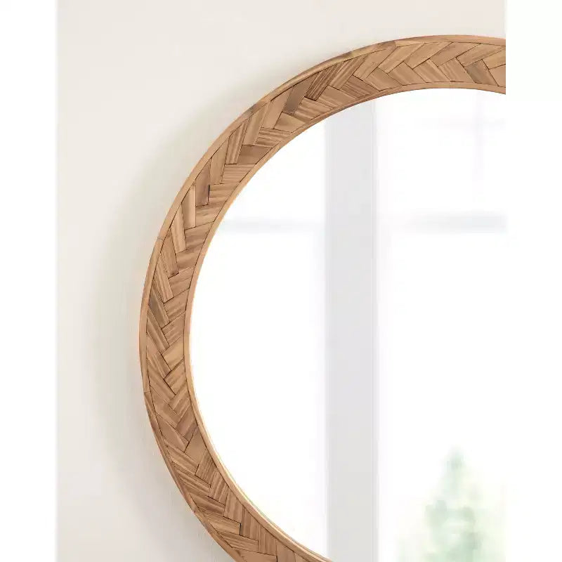 Specchio da parete rotondo da 24" con cornice in legno massello Chevron – Marrone