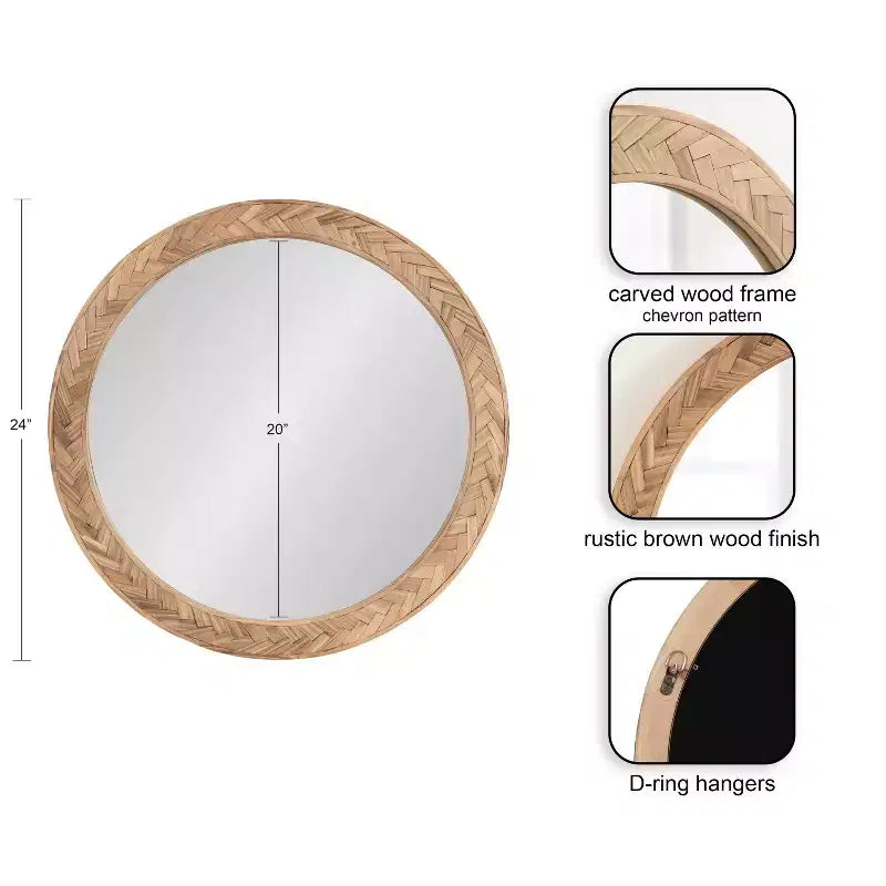 Specchio da parete rotondo da 24" con cornice in legno massello Chevron – Marrone