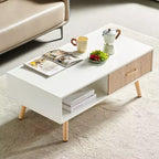 Tavolino rettangolare con gambe in legno massello, cassetto scorrevole per riporre oggetti, tavolo moderno, bianco