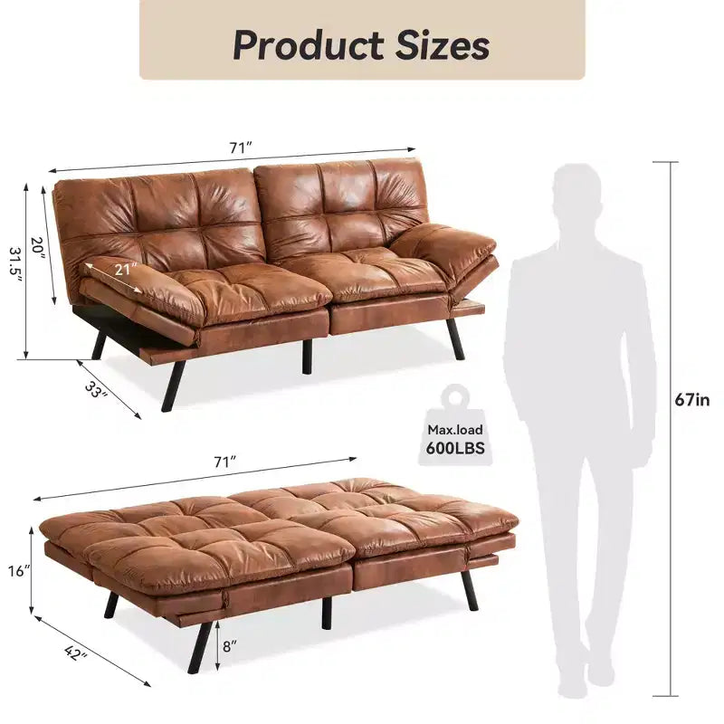 Divano letto convertibile in ecopelle da 71" con Memory Foam – Loveseat con schienale sdoppiato