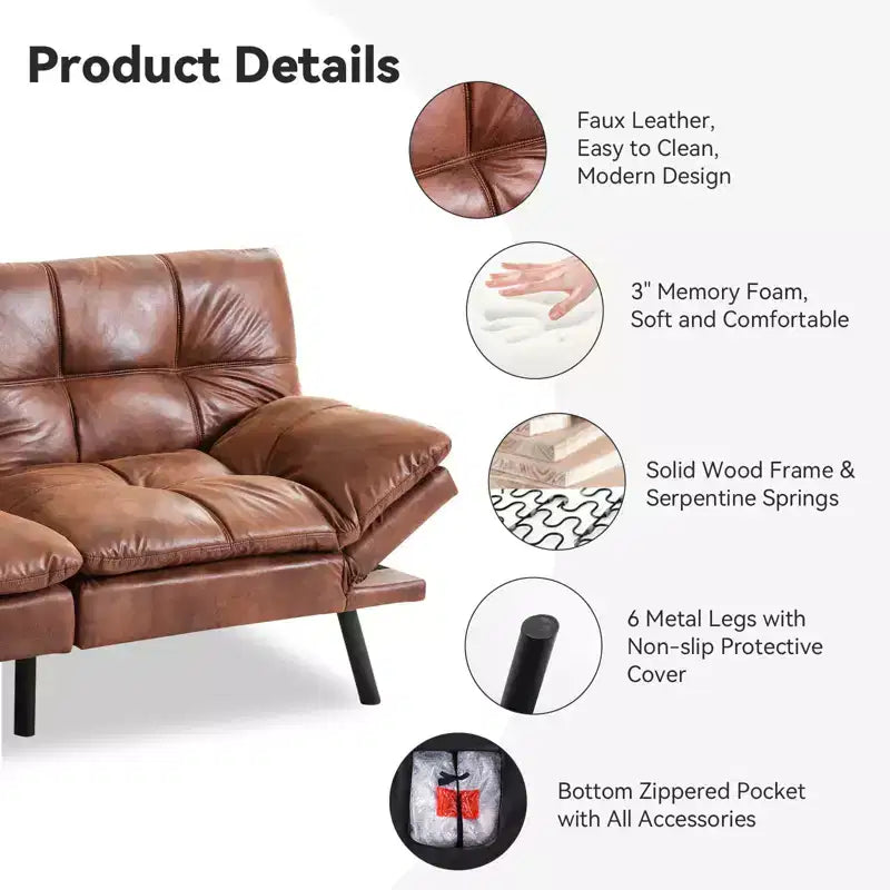 Divano letto convertibile in ecopelle da 71" con Memory Foam – Loveseat con schienale sdoppiato