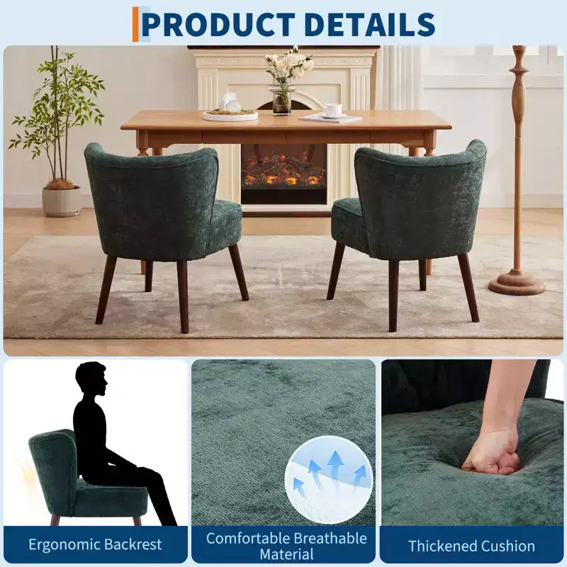 Poltrona moderna con schienale ad ali - Sedia lounge senza braccioli con gambe in legno, sedia laterale imbottita trapuntata per toeletta, tessuto confortevole, per soggiorno, camera da letto, patio