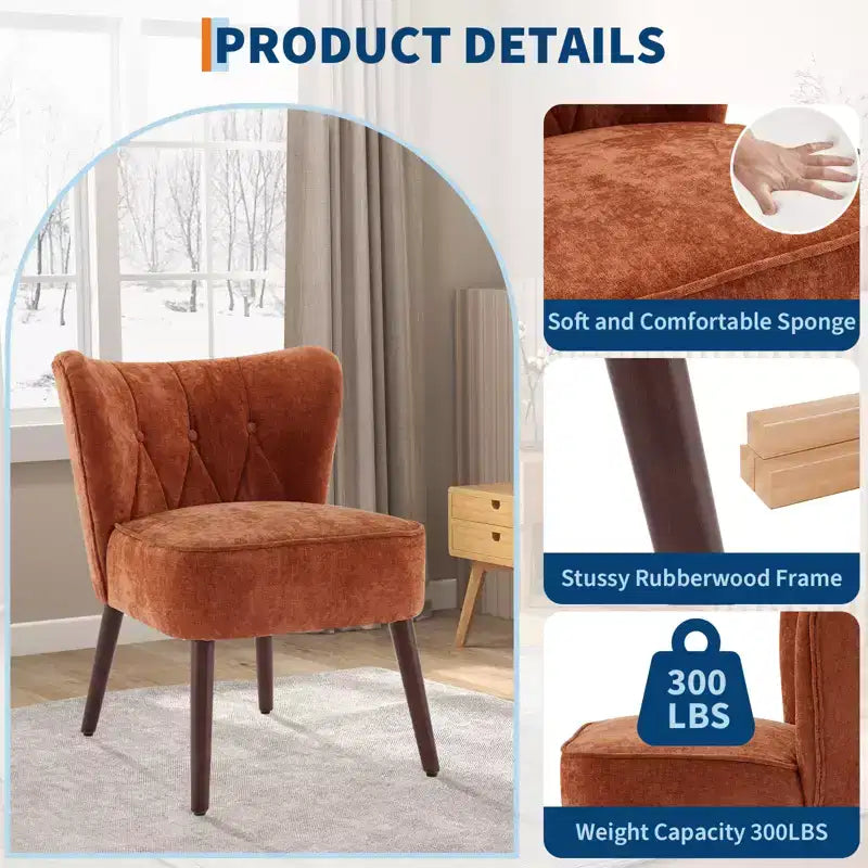 Poltrona moderna con schienale ad ali - Sedia lounge senza braccioli con gambe in legno, sedia laterale imbottita trapuntata per toeletta, tessuto confortevole, per soggiorno, camera da letto, patio