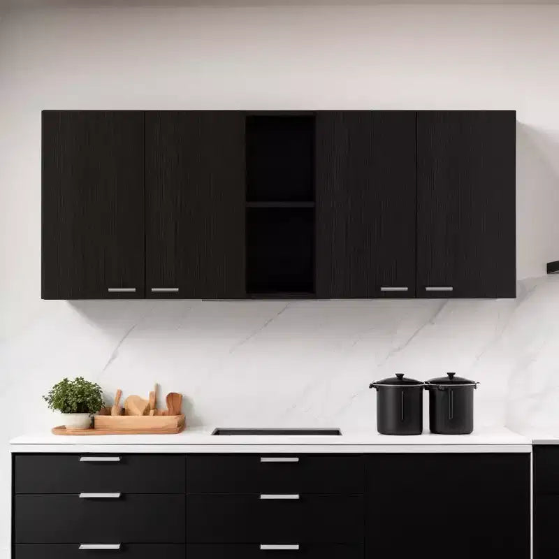Mobiletto a muro decorativo nero in legno da 150 cm con 5 ripiani aperti