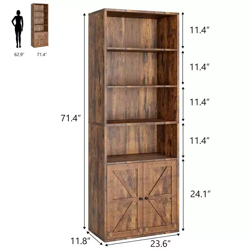 Libreria Coloniale con Ante a X – Scaffale Industriale a 6 Ripiani, 181 cm, Marrone