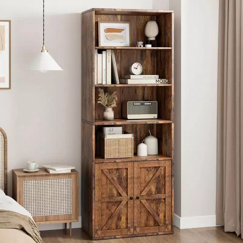 Libreria Coloniale con Ante a X – Scaffale Industriale a 6 Ripiani, 181 cm, Marrone