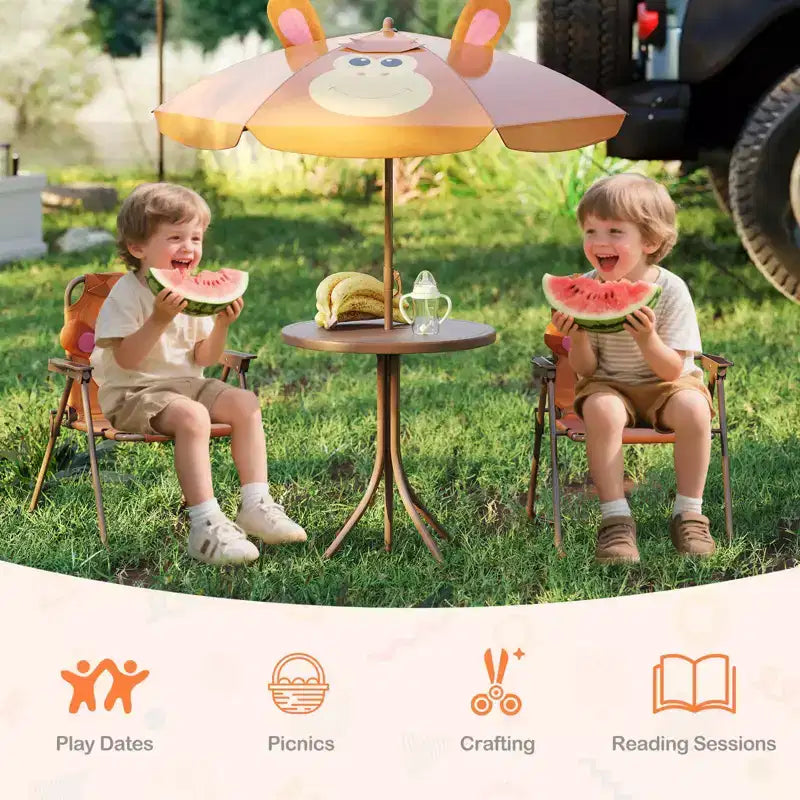 Set Tavolo da Picnic per Bambini con 2 Sedie Pieghevoli e Ombrellone Regolabile