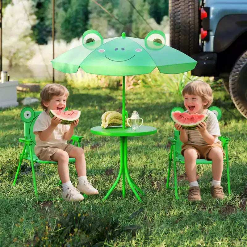 Set Tavolo da Picnic per Bambini con 2 Sedie Pieghevoli e Ombrellone Regolabile