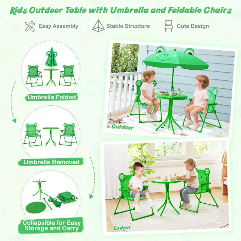 Set Tavolo da Picnic per Bambini con 2 Sedie Pieghevoli e Ombrellone Regolabile