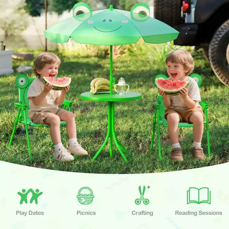Set Tavolo da Picnic per Bambini con 2 Sedie Pieghevoli e Ombrellone Regolabile