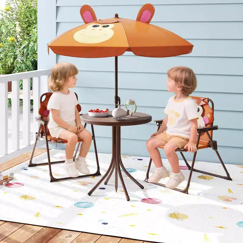 Set Tavolo da Picnic per Bambini con 2 Sedie Pieghevoli e Ombrellone Regolabile