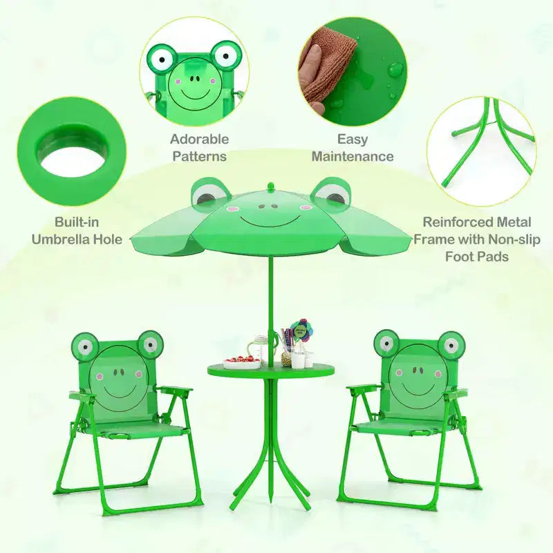 Set Tavolo da Picnic per Bambini con 2 Sedie Pieghevoli e Ombrellone Regolabile