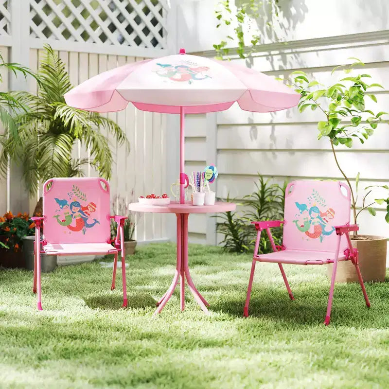 Set Tavolo da Picnic per Bambini con 2 Sedie Pieghevoli e Ombrellone Regolabile