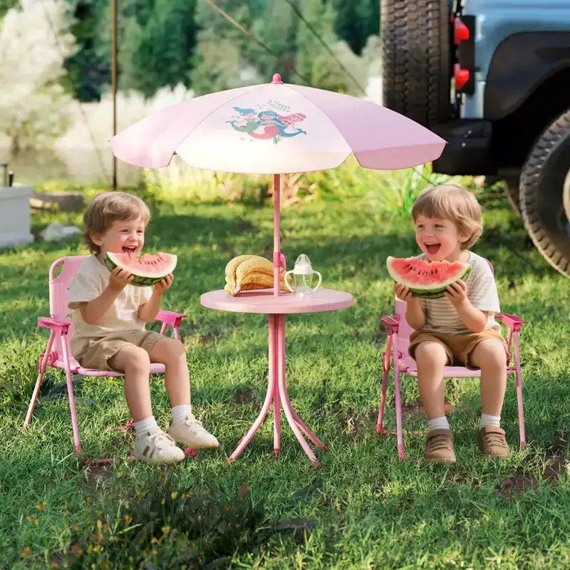 Set Tavolo da Picnic per Bambini con 2 Sedie Pieghevoli e Ombrellone Regolabile