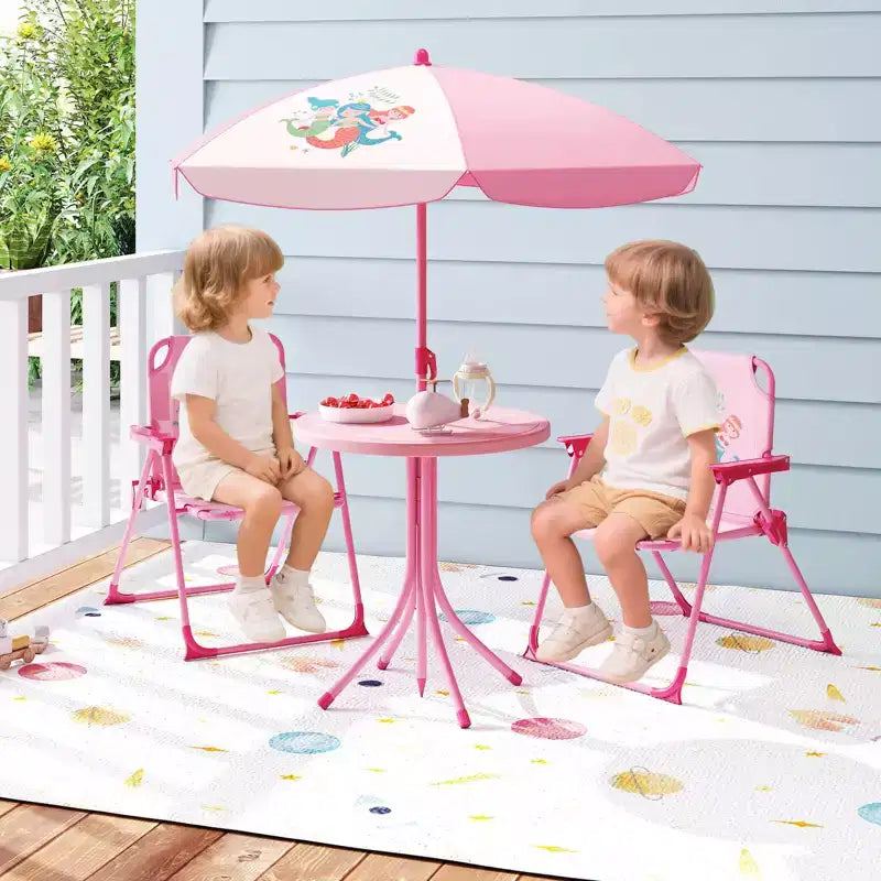 Set Tavolo da Picnic per Bambini con 2 Sedie Pieghevoli e Ombrellone Regolabile