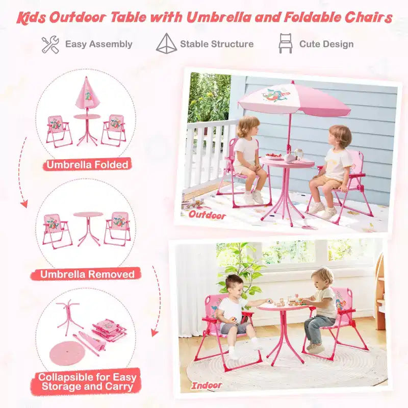 Set Tavolo da Picnic per Bambini con 2 Sedie Pieghevoli e Ombrellone Regolabile