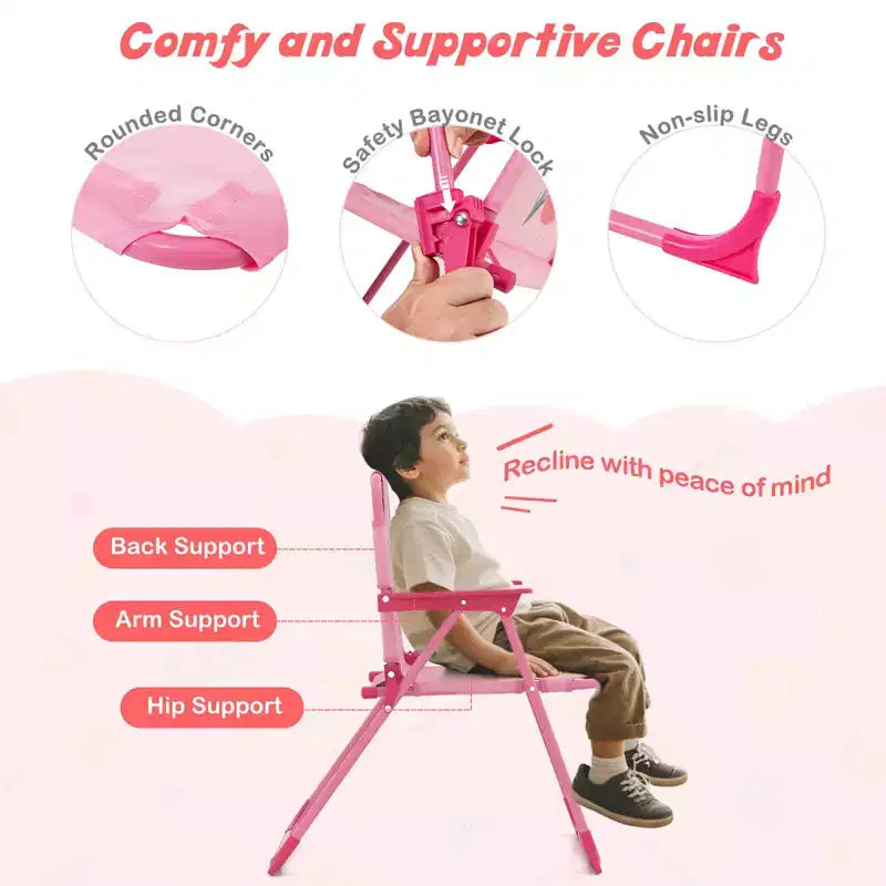 Set Tavolo da Picnic per Bambini con 2 Sedie Pieghevoli e Ombrellone Regolabile