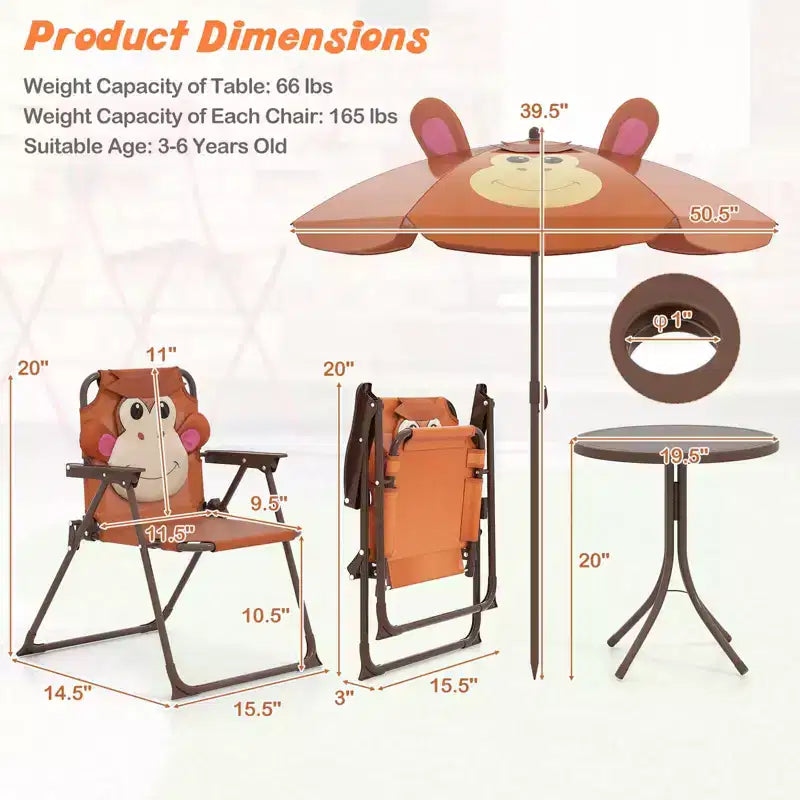 Set Tavolo da Picnic per Bambini con 2 Sedie Pieghevoli e Ombrellone Regolabile