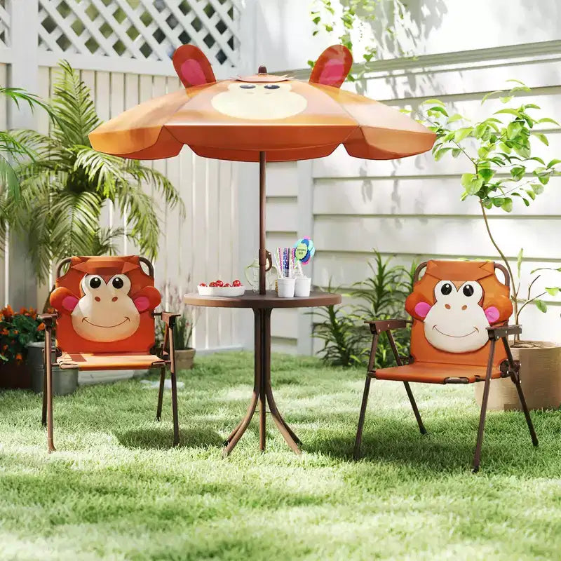 Set Tavolo da Picnic per Bambini con 2 Sedie Pieghevoli e Ombrellone Regolabile