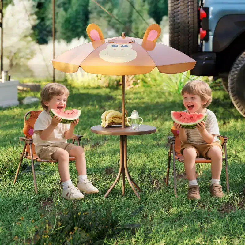 Set Tavolo da Picnic per Bambini con 2 Sedie Pieghevoli e Ombrellone Regolabile