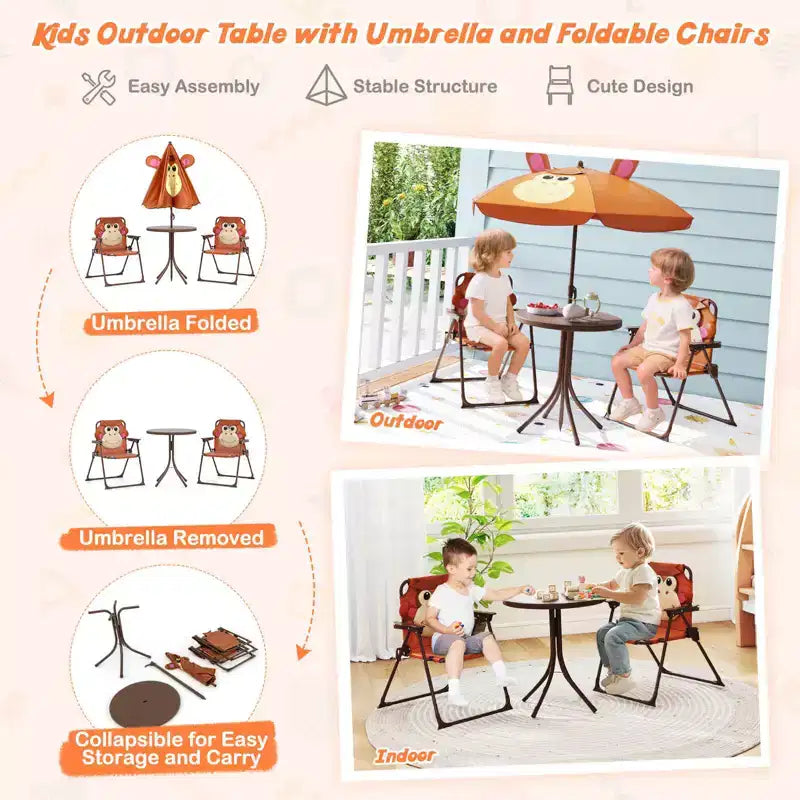 Set Tavolo da Picnic per Bambini con 2 Sedie Pieghevoli e Ombrellone Regolabile