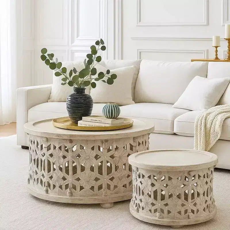 Set di tavolini da caffè rotondi intagliati a mano in legno con motivo floreale, 2 pezzi, 76 cm