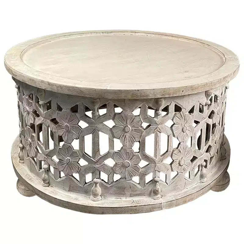 Set di tavolini da caffè rotondi intagliati a mano in legno con motivo floreale, 2 pezzi, 76 cm