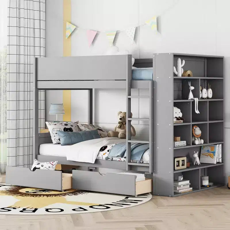 Bunk Bed, Wood Bunk Bed Frame with 2 Drawers and Multi-Layer Cabinet for Kids Teens Adults