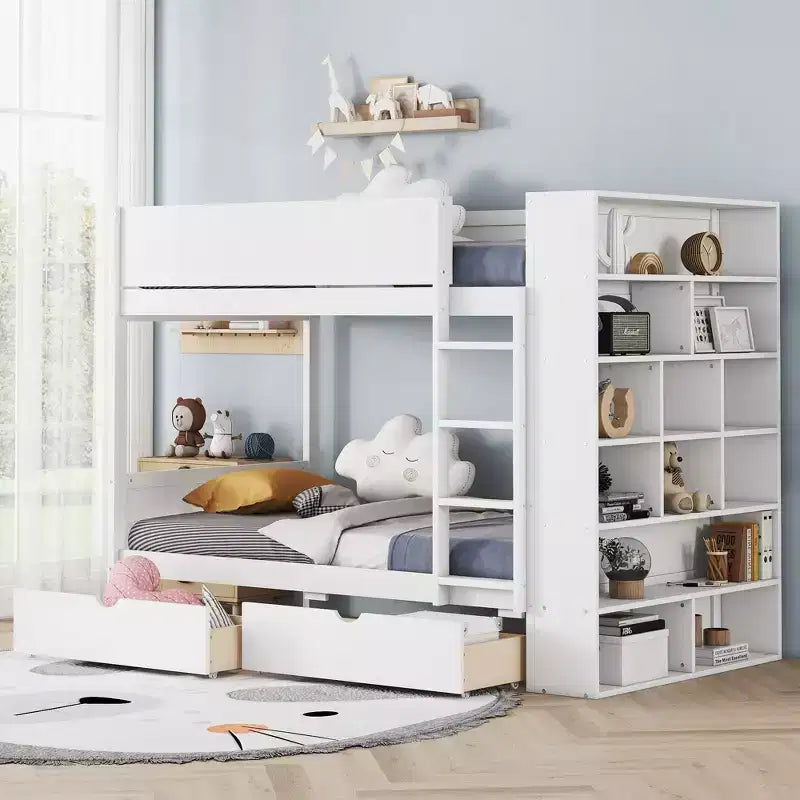 Letto a castello, struttura letto a castello in legno con 2 cassetti e armadio multistrato per bambini, ragazzi e adulti