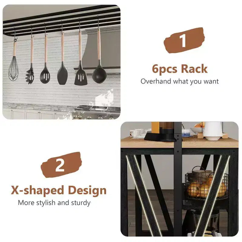 Isola da Cucina in Legno con Presa di Corrente e Luci a LED, Scaffale da Forno con Contenitori, Nero