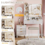 Toeletta con specchio e luci, Toeletta per il trucco con specchio scorrevole illuminato, Set tavolo da trucco con 4 cassetti, Sgabello imbottito