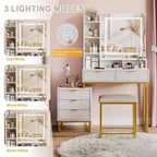 Toeletta con specchio e luci, Toeletta per il trucco con specchio scorrevole illuminato, Set tavolo da trucco con 4 cassetti, Sgabello imbottito