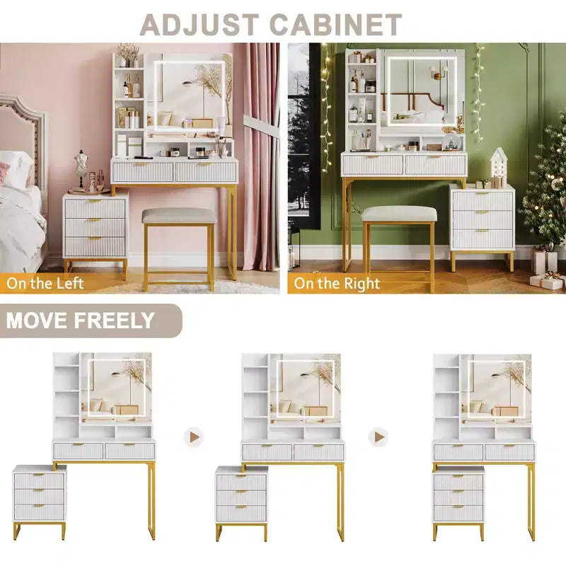 Toeletta con specchio e luci, Toeletta per il trucco con specchio scorrevole illuminato, Set tavolo da trucco con 4 cassetti, Sgabello imbottito