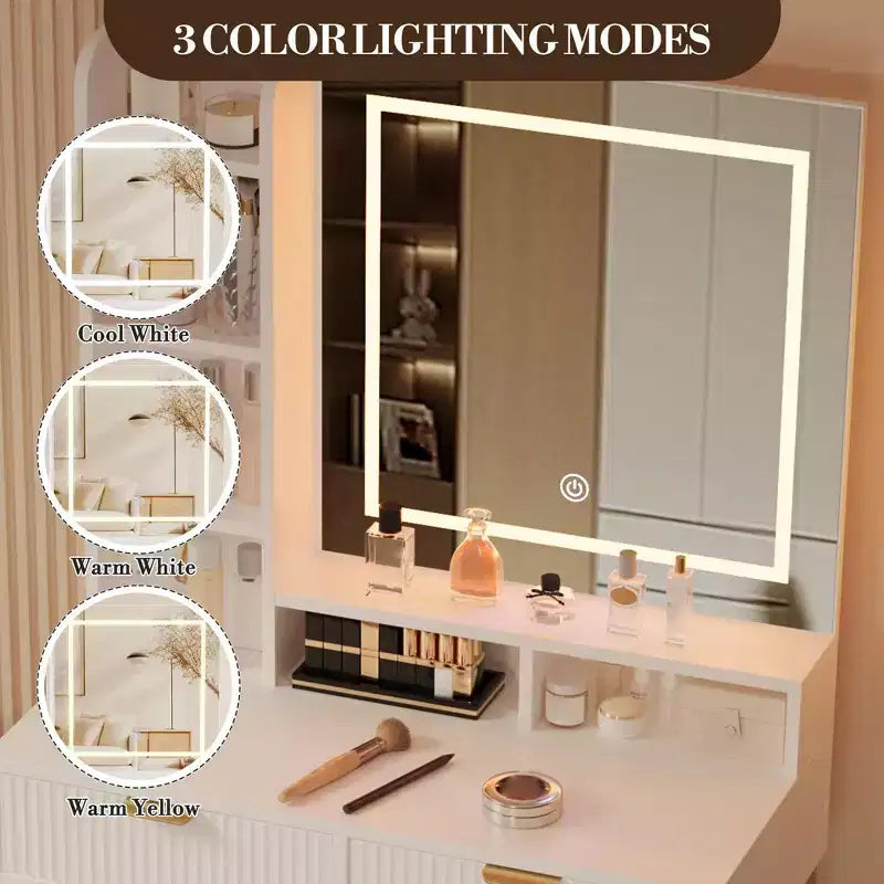 Toeletta con specchio e luci, Toeletta per il trucco con specchio scorrevole illuminato, Set tavolo da trucco con 4 cassetti, Sgabello imbottito