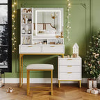 Vanity Desk with Mirror and Lights, Makeup Vanity Desk with Sliding Lighted Mirror, Dressing Table Set with 4 Drawers, Cushioned Stool