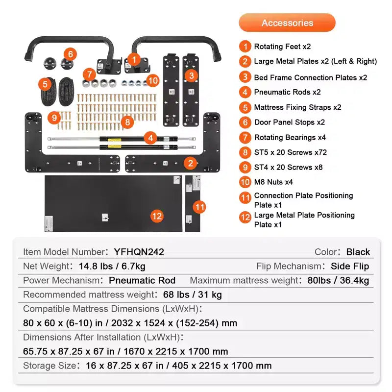 Kit letto a muro fai da te Queen Size – Ferramenta per letto a scomparsa con leva pneumatica, nero