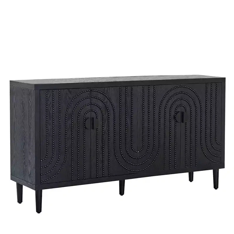 Credenza/Mobile Buffet Scanalato da 150 cm con 4 Ante, Nero Antico, Tavolo da Ingresso, Mobile Contenitore Decorativo, Credenza d'Accento per Soggiorno, Cucina Domestica