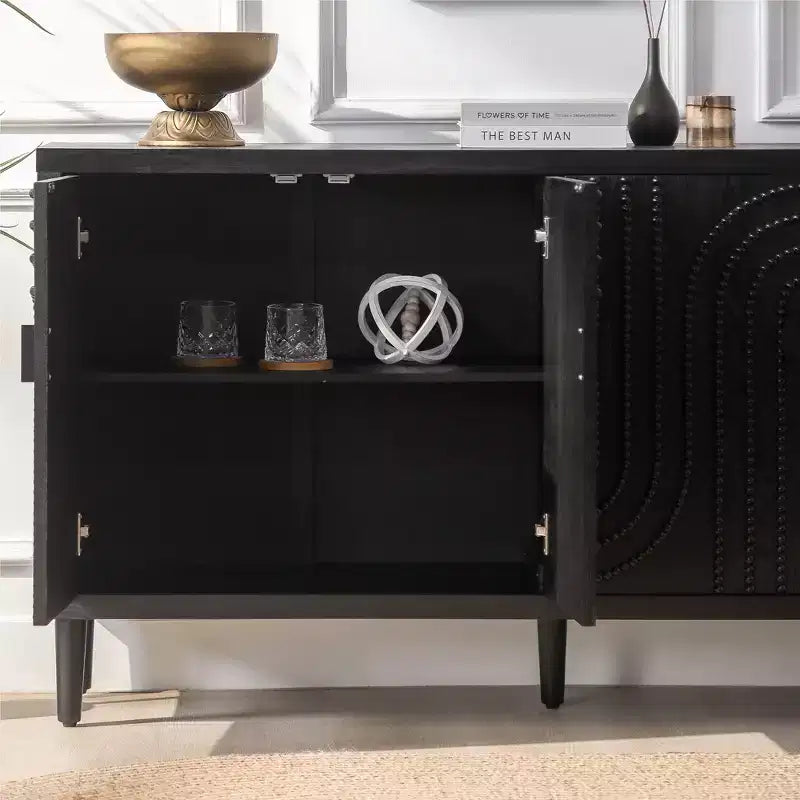 Credenza/Mobile Buffet Scanalato da 150 cm con 4 Ante, Nero Antico, Tavolo da Ingresso, Mobile Contenitore Decorativo, Credenza d'Accento per Soggiorno, Cucina Domestica