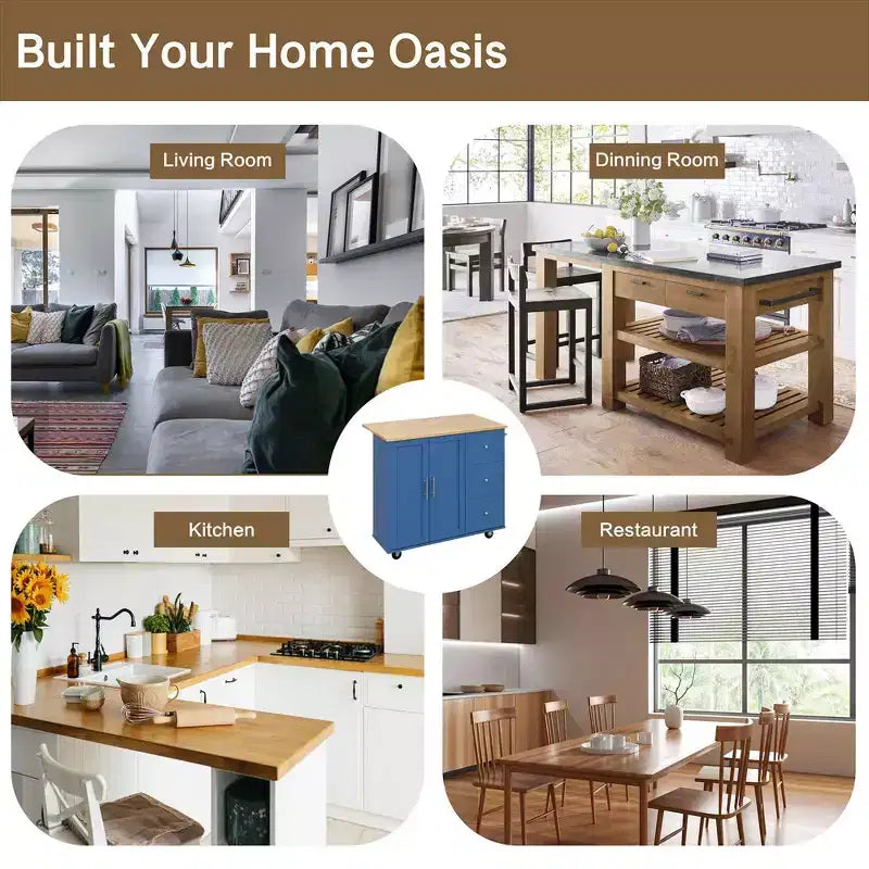 Carrello da Cucina su Ruote da 101 cm con 3 Cassetti, 2 Ante e Portasciugamani
