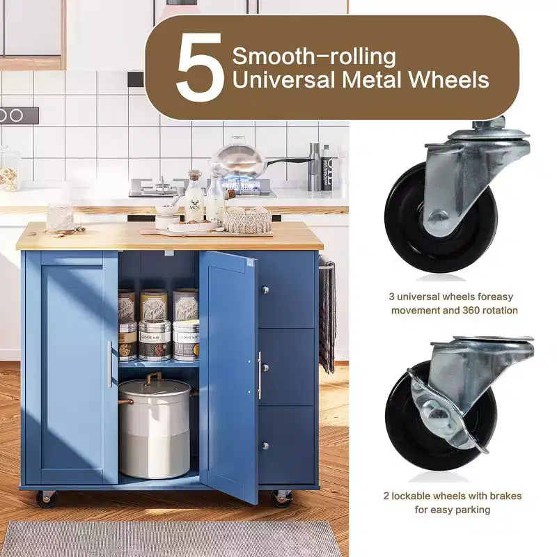 Carrello da Cucina su Ruote da 101 cm con 3 Cassetti, 2 Ante e Portasciugamani