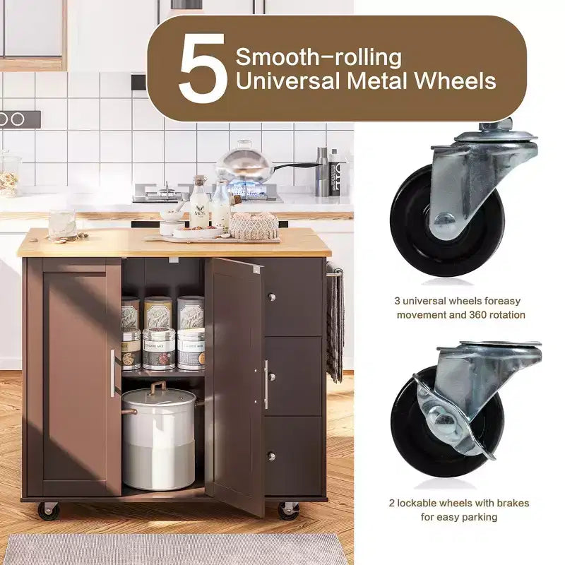 Carrello da Cucina su Ruote da 101 cm con 3 Cassetti, 2 Ante e Portasciugamani