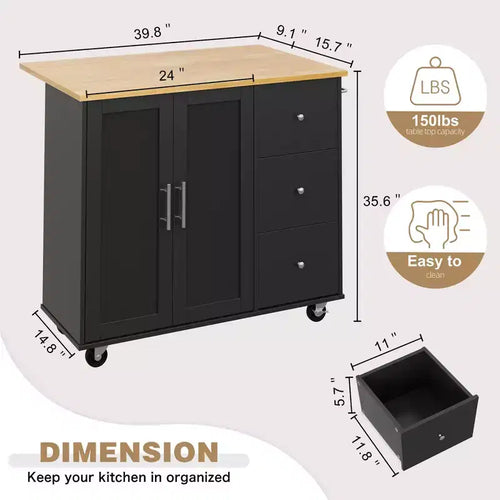 Carrello da Cucina su Ruote da 101 cm con 3 Cassetti, 2 Ante e Portasciugamani