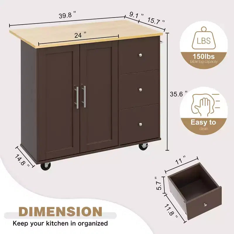Carrello da Cucina su Ruote da 101 cm con 3 Cassetti, 2 Ante e Portasciugamani