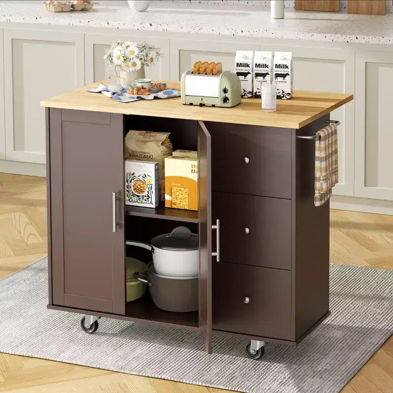 Carrello da Cucina su Ruote da 101 cm con 3 Cassetti, 2 Ante e Portasciugamani