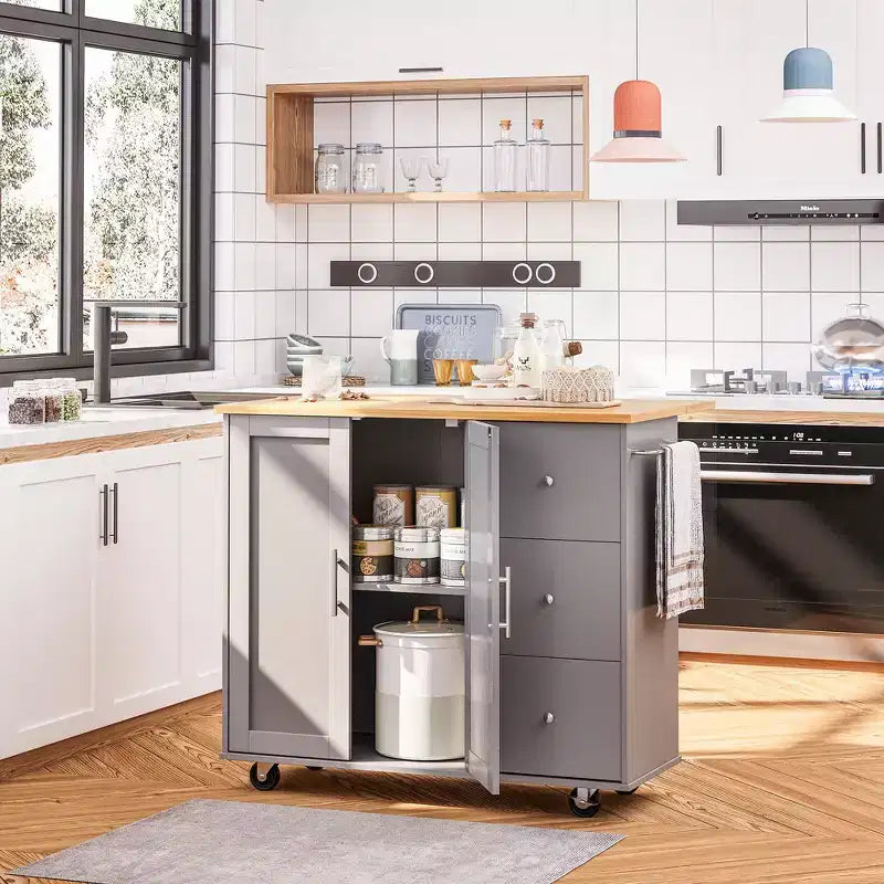 Carrello da Cucina su Ruote da 101 cm con 3 Cassetti, 2 Ante e Portasciugamani