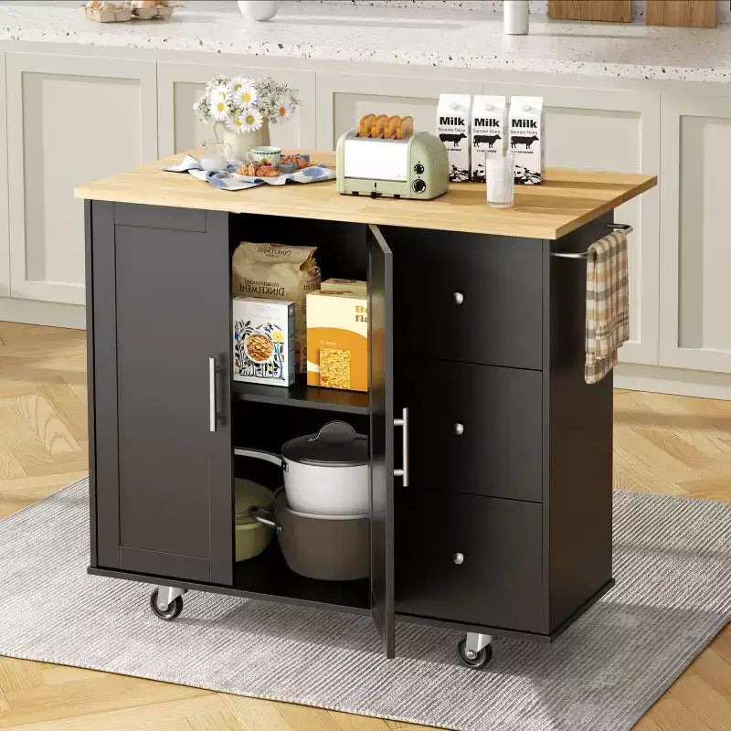 Carrello da Cucina su Ruote da 101 cm con 3 Cassetti, 2 Ante e Portasciugamani