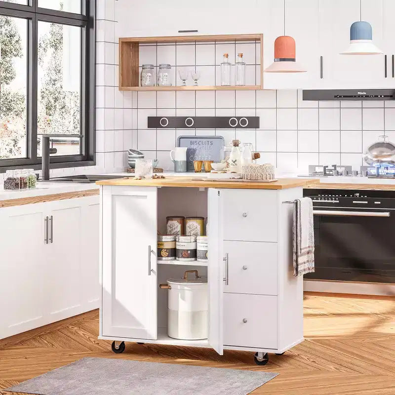 Carrello da Cucina su Ruote da 101 cm con 3 Cassetti, 2 Ante e Portasciugamani