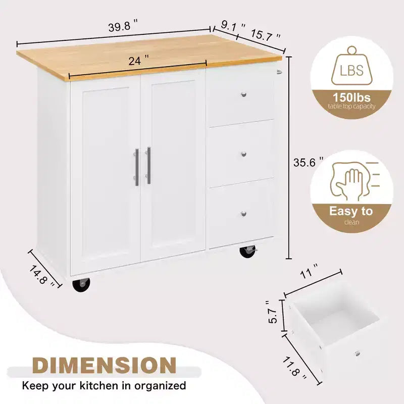 Carrello da Cucina su Ruote da 101 cm con 3 Cassetti, 2 Ante e Portasciugamani